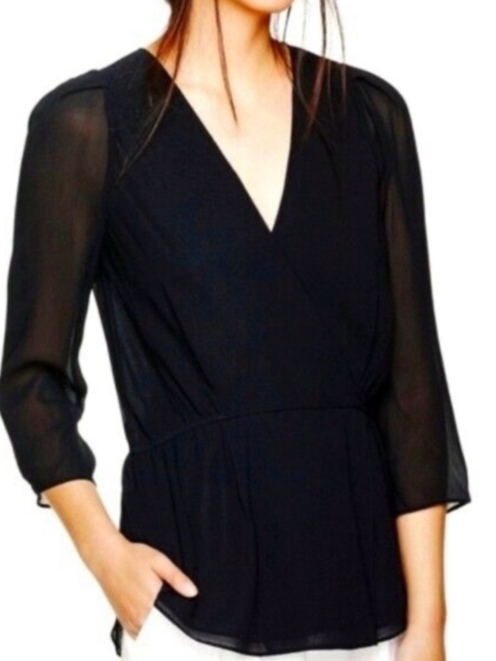 Babaton (Aritzia) 100% Silk Black Wrap Peplum Blouse - Size Small